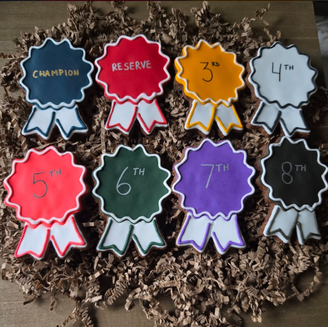 Eight horse cookie rosettes shaped like ribbon awards are arranged on brown shredded paper. The cookies are decorated in various colors (blue, red, yellow, white, green, pink, purple, brown) with white icing borders and white ribbons, and are numbered from 1st to 8th 