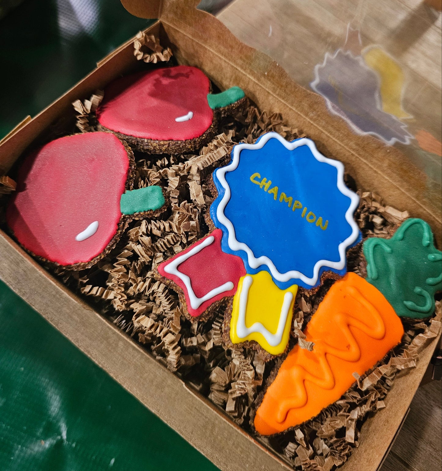 Decorated horse cookies champion ribbon, carrot and apples