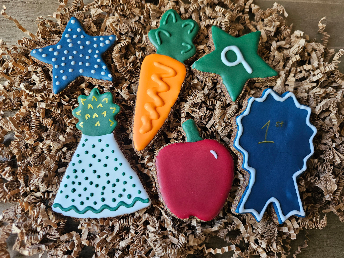 Colorful horse cookies blue ribbon red apple blue polka dot star green polka dot party hat orange carrot and green star with number 9 custom