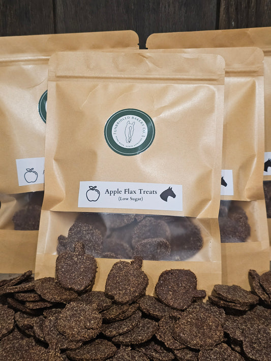 Bag of apple shaped flax based horse treats